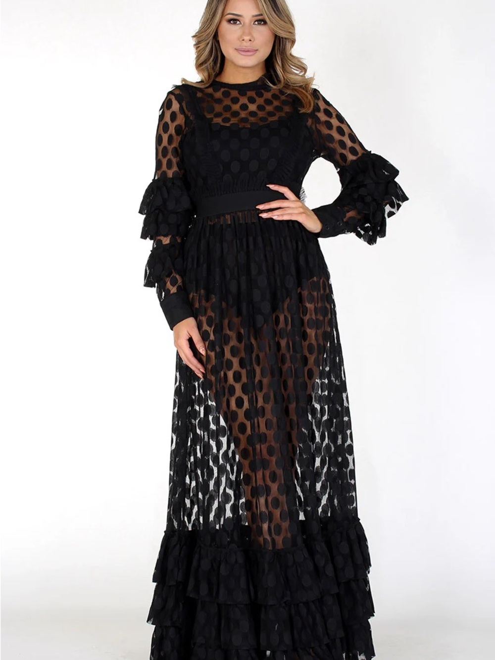 Eien black sheer polka dot maxi dress with ruffled long sleeves, size medium